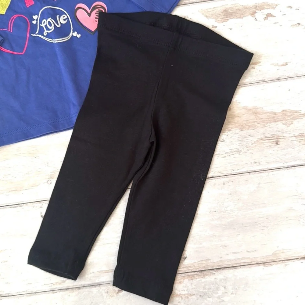 Baby Girl 12m Outfit Black Leggings Blue Long Sleeve Heart Print Shirt Kids